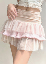 Slim Fit Pink Ruffled High Waist Patchwork Tulle Skirt Summer