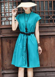 Slim Fit Sky Blue Stand Collar Tie Waist Cotton Dress Short Sleeve