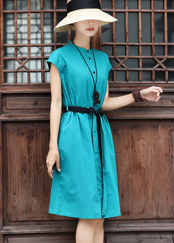 Slim Fit Sky Blue Stand Collar Tie Waist Cotton Dress Short Sleeve