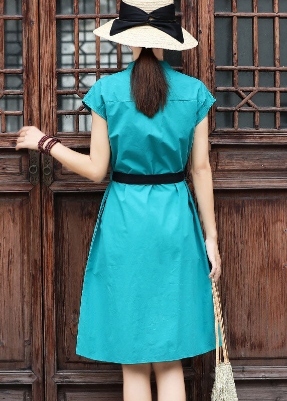 Slim Fit Sky Blue Stand Collar Tie Waist Cotton Dress Short Sleeve