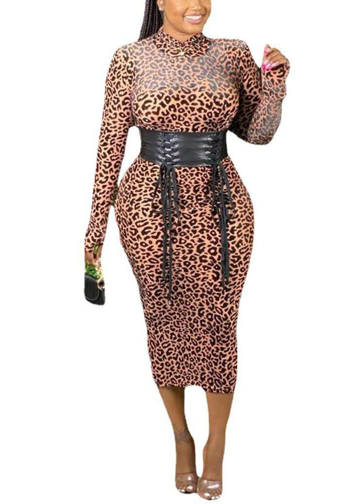 Slim Fit Stand Collar Leopard Print Wraped Vacation Dress Long Sleeve