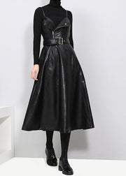 Slim Fit tie waist Black Faux Leather Spaghetti Strap Dresses Spring