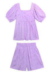 Slimming suit new large size bubble sleeve purple shirt shorts two-piece suit - bagstylebliss