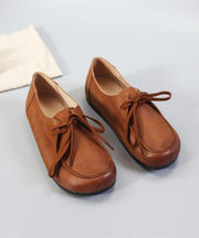 Soft Flat Shoes Brown Cowhide Leather Loafers For Women - bagstylebliss