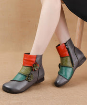 Soft Cowhide Leather Boots Boho Black Splicing Floral