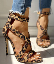 Soft Leopard Print Cross Strap zippered Stiletto Sandals Velour Fabric