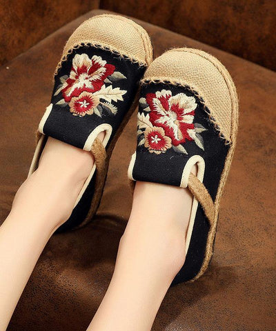 Soft Splicing Flats Black Cotton Linen Fabric Embroideried Flats Shoes - bagstylebliss