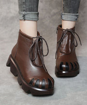 Soft Splicing Lace Up Platform Boots Dark Brown Cowhide Leather