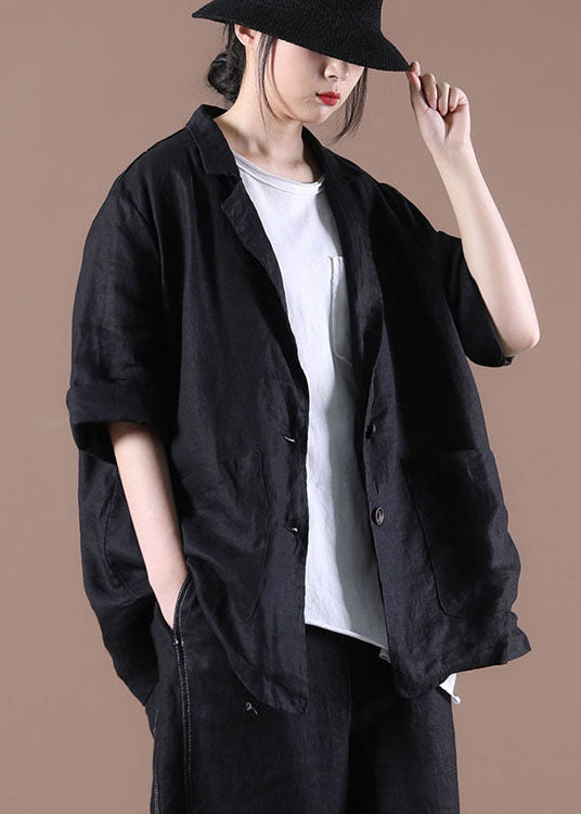 Solid Black Pockets Linen Coat Peter Pan Collar Button Long Sleeve