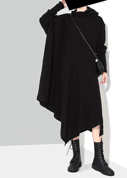 Solid Black Woman Winter Asymmetric Knitted Sweater Dress - bagstylebliss