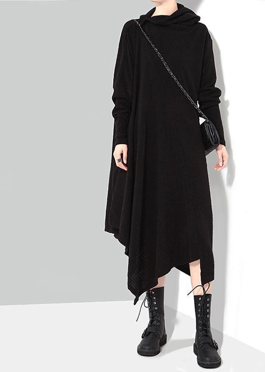 Solid Black Woman Winter Asymmetric Knitted Sweater Dress - bagstylebliss