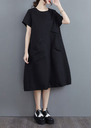 Solid Black pockets Vacation Dresses wrinkled Short Sleeve