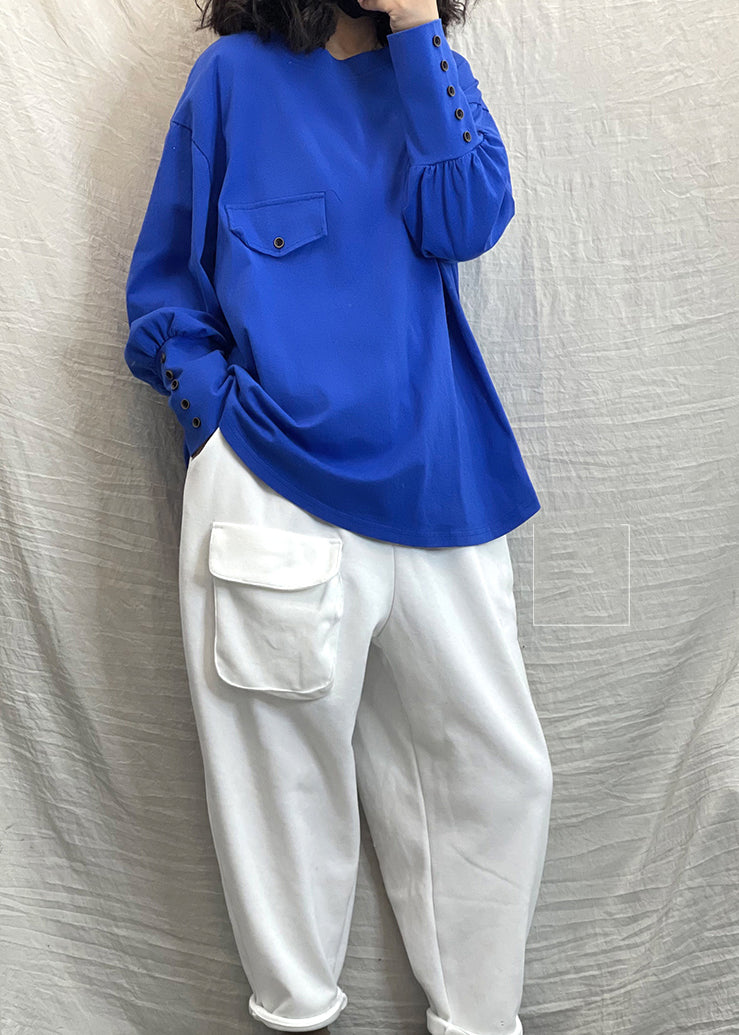 Solid Blue O-Neck button Cotton Loose Sweatshirt Long Sleeve