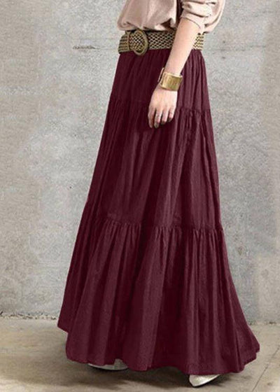 Solid Color Big Swing Elastic Waist Pleated Casual Long Skirt For Women - bagstylebliss