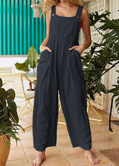 Solid Color Button Sleeveless Overalls Side Pocket Jumpsuit For Women - bagstylebliss