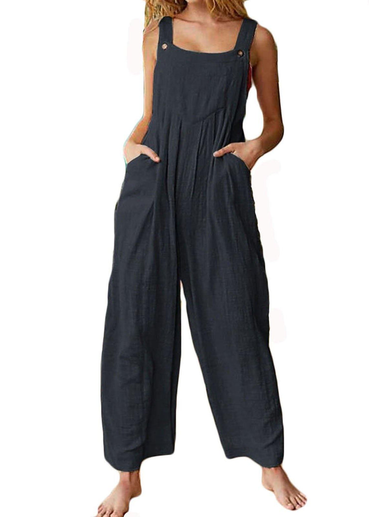 Solid Color Button Sleeveless Overalls Side Pocket Jumpsuit For Women - bagstylebliss