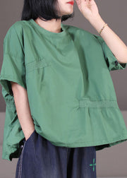 Solid Green Cotton Loose Sweatshirt Top Asymmetrical Design Elastic Wrinkled Short Sleeve