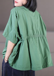 Solid Green Cotton Loose Sweatshirt Top Asymmetrical Design Elastic Wrinkled Short Sleeve