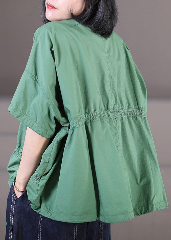 Solid Green Cotton Loose Sweatshirt Top Asymmetrical Design Elastic Wrinkled Short Sleeve