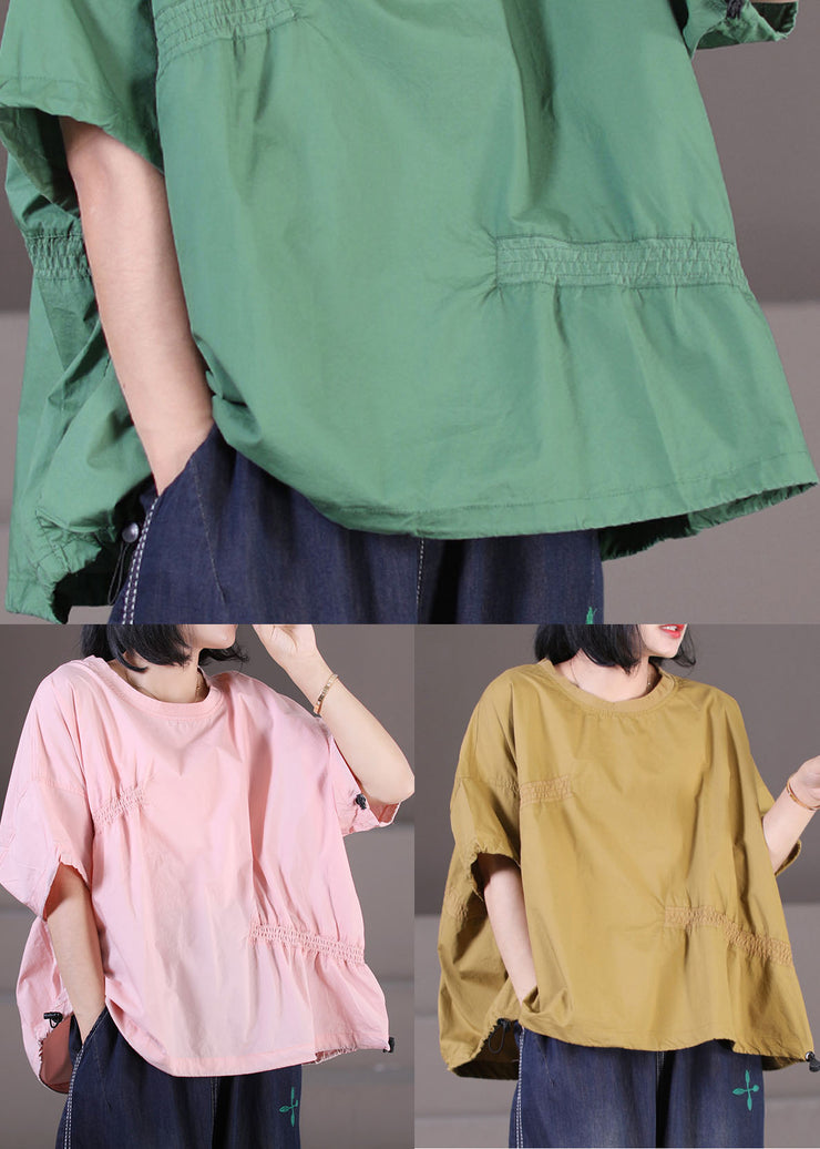 Solid Green Cotton Loose Sweatshirt Top Asymmetrical Design Elastic Wrinkled Short Sleeve