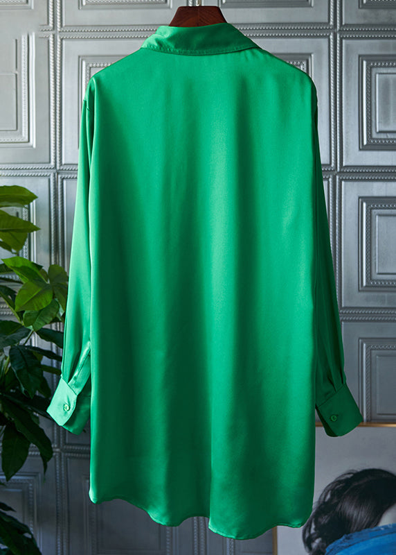 Solid Green Peter Pan Collar Pockets Button Silk shirt Long sleeve