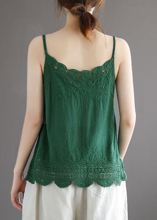 Solid Green Sexy Cotton Spaghetti Strap Tops Hollow Out Summer