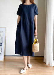 Solid Navy O-Neck Cinched Linen Shirt Top Short Sleeve