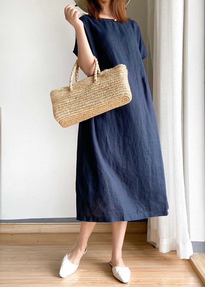 Solid Navy O-Neck Cinched Linen Shirt Top Short Sleeve