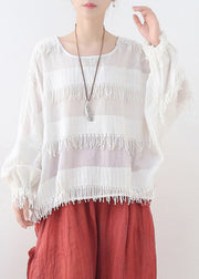 Solid White Cotton Pullover Tops Tassel Side Open Lantern Sleeve