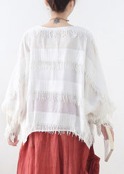 Solid White Cotton Pullover Tops Tassel Side Open Lantern Sleeve