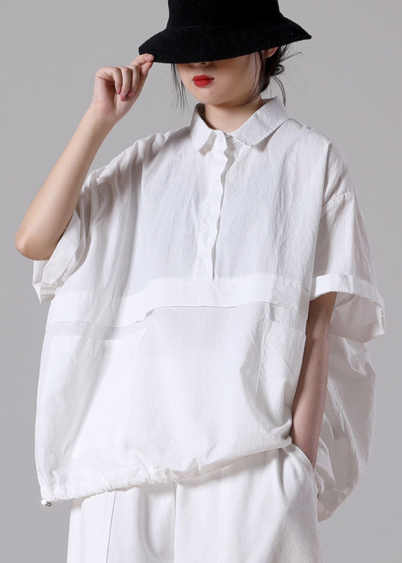 Solid White Loose Cotton Blouse Tops Peter Pan Collar Button Short Sleeve