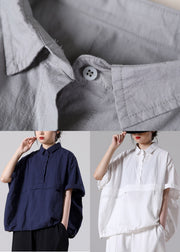 Solid White Loose Cotton Blouse Tops Peter Pan Collar Button Short Sleeve