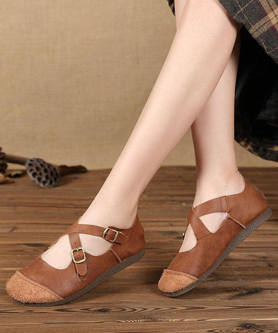 Splicing Brown Flat Feet Shoes Buckle Strap Flats - bagstylebliss