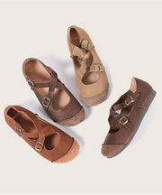 Splicing Brown Flat Feet Shoes Buckle Strap Flats - bagstylebliss