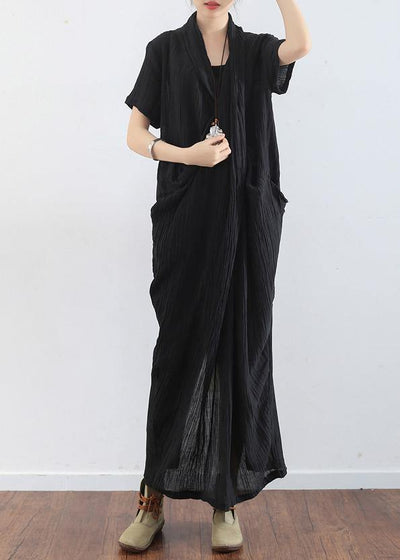 Spring And Summer New Black Linen Vintage V-neck Robe - bagstylebliss