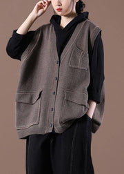 Spring New Coffee Women's Korean Large Multi Pocket Knitted Vest - bagstylebliss