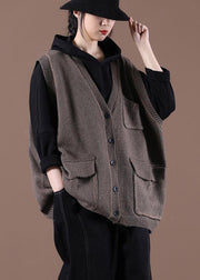 Spring New Coffee Women's Korean Large Multi Pocket Knitted Vest - bagstylebliss