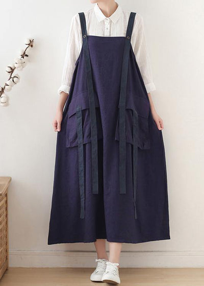 Spring Summer Cotton Skirt Blue Loose Large Sleeveless Dress - bagstylebliss