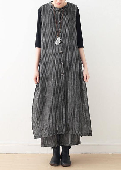 Spring cotton and linen art fresh gray striped two-piece suit cardigan wide leg pants - bagstylebliss