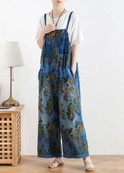 Spring original literary fashion retro ethnic style blue printed loose denim overalls - bagstylebliss