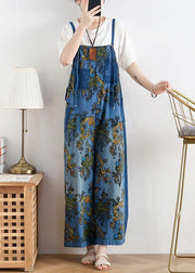 Spring original literary fashion retro ethnic style blue printed loose denim overalls - bagstylebliss