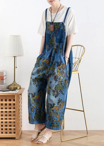 Spring original literary fashion retro ethnic style blue printed loose denim overalls - bagstylebliss