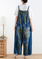 Spring original literary fashion retro ethnic style blue printed loose denim overalls - bagstylebliss