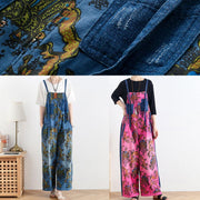 Spring original literary fashion retro ethnic style blue printed loose denim overalls - bagstylebliss