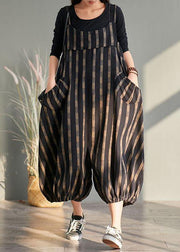 Spring plus size plus fertilizer to increase bloomers striped cotton and linen jumpsuit - bagstylebliss