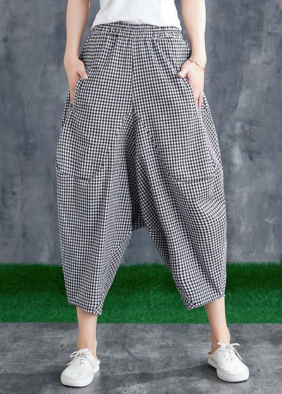 Stitching Cotton Linen Drop Crotch Pants Summer Linen Plaid Loose Large Size - bagstylebliss