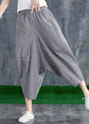 Stitching Cotton Linen Drop Crotch Pants Summer Linen Plaid Loose Large Size - bagstylebliss