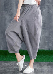 Stitching Cotton Linen Drop Crotch Pants Summer Linen Plaid Loose Large Size - bagstylebliss