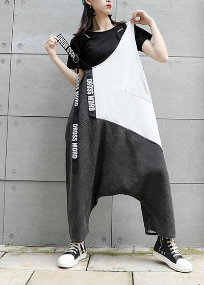 Strap  retro black gray patchwork overalls casual pants jeans women - bagstylebliss