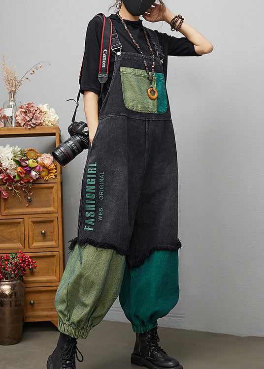 Streetwear Black Asymmetrical Pocket Cotton denim Jumpsuit Spring